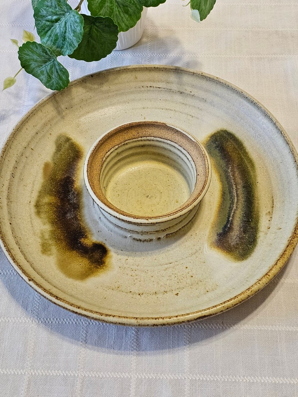 Vintage 1970s Studio Pottery Chip & Dip Serving Platter Earth Tone Stoneware